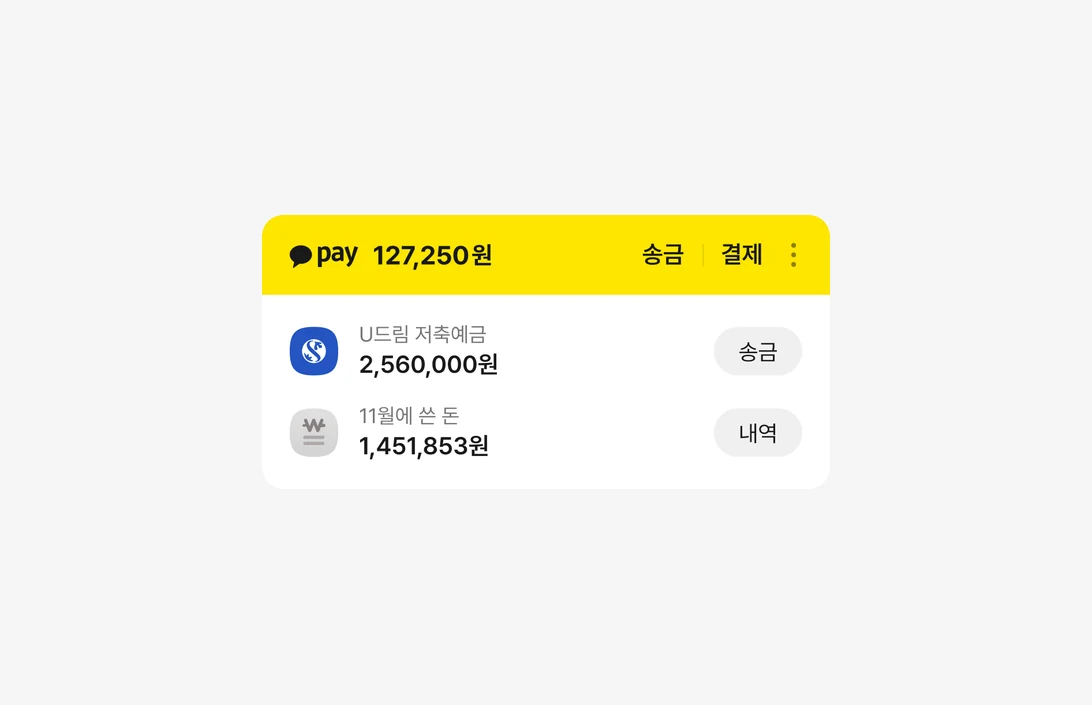 3차 실험안의 페이 영역. 노란 페이 헤더 아래 계좌 잔액과 이번 달 쓴 돈이 송금·내역 버튼과 함께 펼쳐져 있다