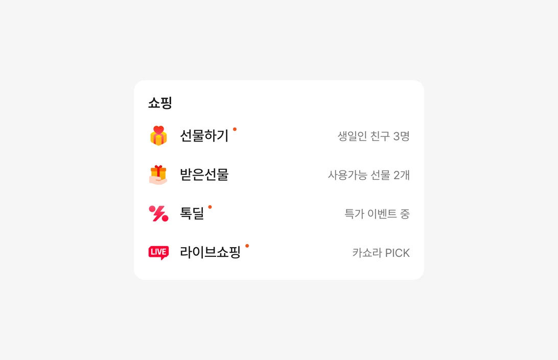 B안의 쇼핑 카테고리 리스트 확대. 선물하기, 받은선물, 톡딜, 라이브쇼핑이 이름과 한 줄 설명으로 놓여 있다