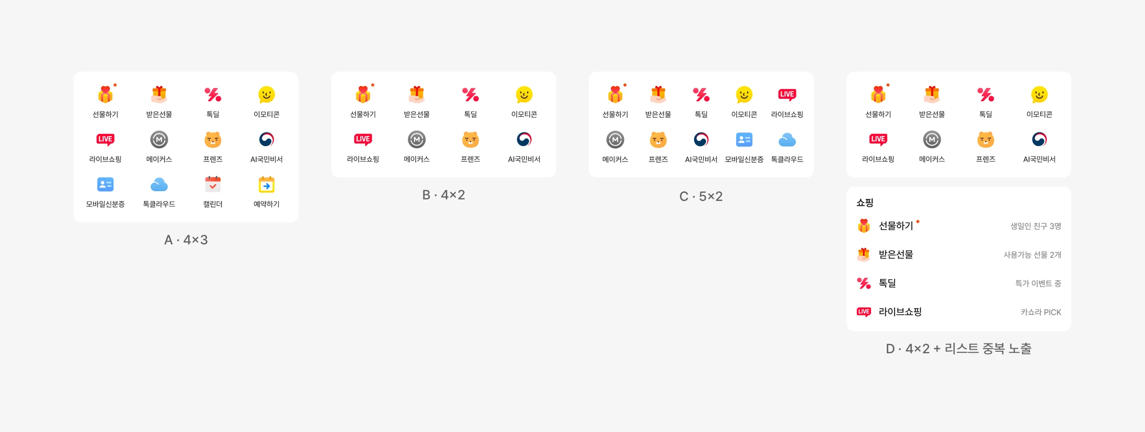 실험안 네 개의 첫 화면 그리드. A는 4열 3행, B는 4열 2행, C는 5열 2행, D는 4열 2행 그리드 아래 쇼핑 카테고리에 선물하기·받은선물·톡딜·라이브쇼핑을 다시 보여준다